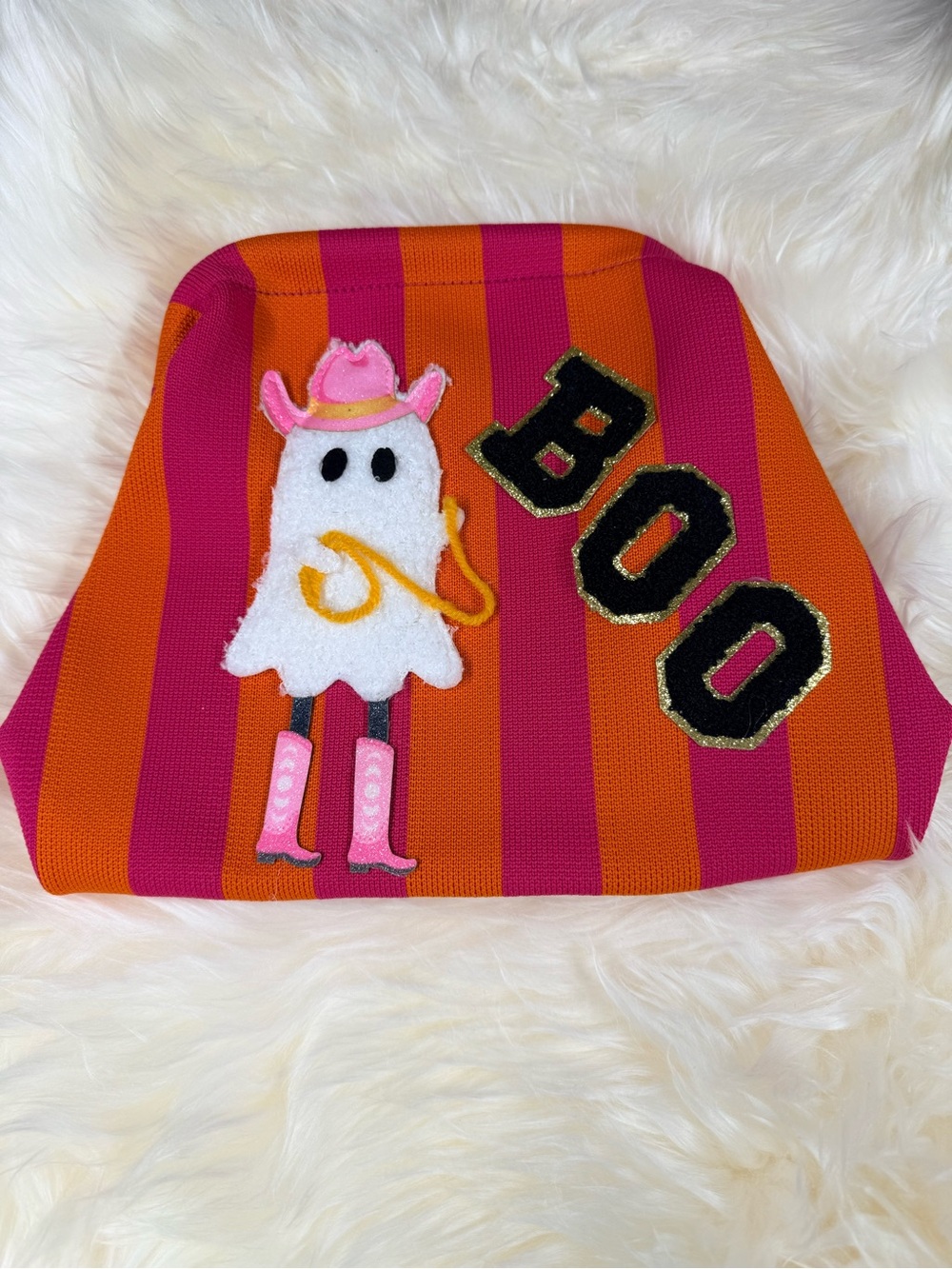 Striped Orange & Pink Halloween Clutch with Ghost Cowboy Applique
